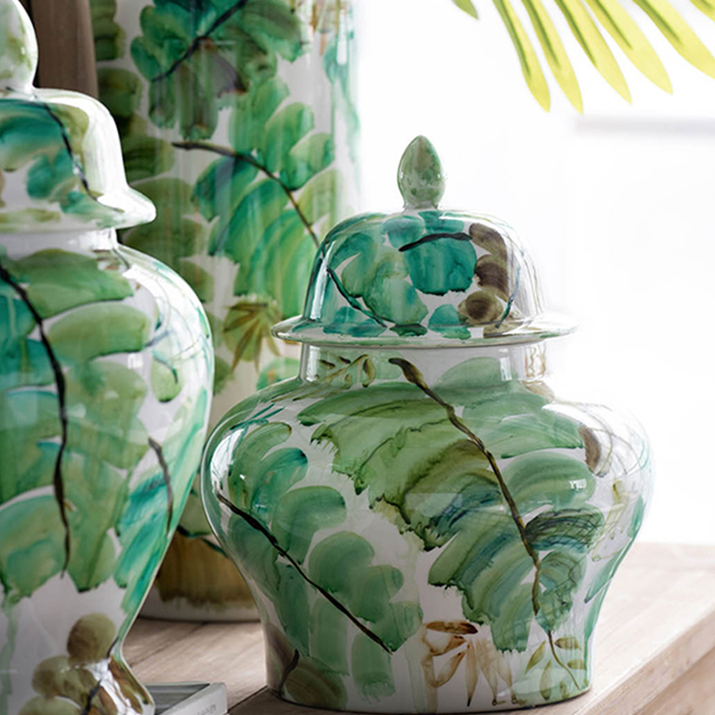 Artekko Artekko Palm Διακοσμητικό Δοχείο με Καπάκι Πορσελάνης Λευκό/Πράσινο (38x38x44.5)cm 1694