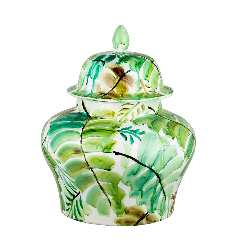 Artekko Artekko Palm Διακοσμητικό Δοχείο με Καπάκι Πορσελάνης Λευκό/Πράσινο (38x38x44.5)cm 1694