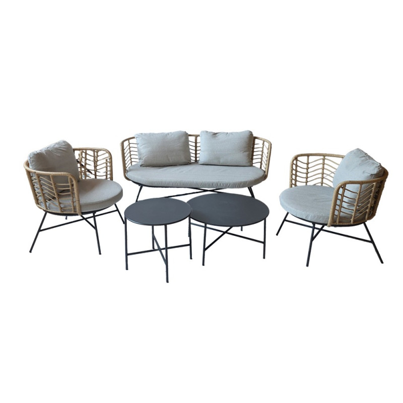 Artekko Artekko Rattan Διθέσιος Καναπές (155x75x73)cm 2x Πολυθρόνες (80x75x73)cm 2x Τραπεζάκια (70x70x35) (50x50x45)cm Μεταλλικός Γκρι Σκελετός με Παστικ. Ρατάν σε Φυσική Απόχρωση και Μπεζ Γκρι Μαξιλάρια Σετ/4 248-6000