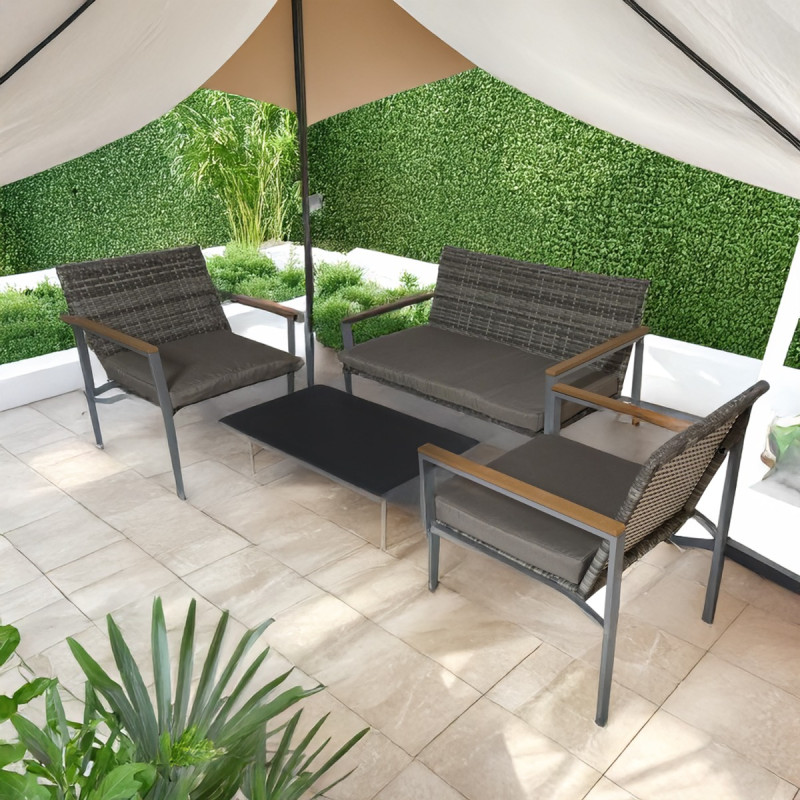 Artekko Artekko Rattan Διθέσιος Καναπές (105x65x75)cm 2x Πολυθρόνες (58x60x75)cm Τραπέζι με Τζάμι (84x45x38)cm με Πλαστικ Ρατάν Μεταλλικό Σκελετό και Ξύλο Γκρι Καφέ και Καφέ Μαξιλάρι Σετ/4 248-6005