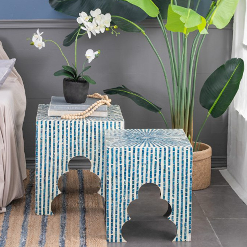 Artekko Artekko Ivory Βοηθητικά Τραπεζάκια Σκαμπό MDF Capiz Μπλε (45x45x50.5)cm Σετ/2 44826-BLUE