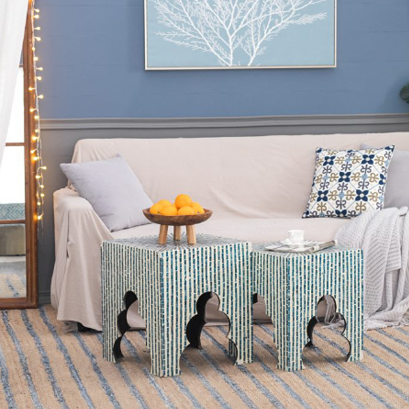 Artekko Artekko Ivory Βοηθητικά Τραπεζάκια Σκαμπό MDF Capiz Μπλε (45x45x50.5)cm Σετ/2 44826-BLUE