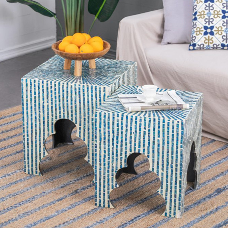 Artekko Artekko Ivory Βοηθητικά Τραπεζάκια Σκαμπό MDF Capiz Μπλε (45x45x50.5)cm Σετ/2 44826-BLUE