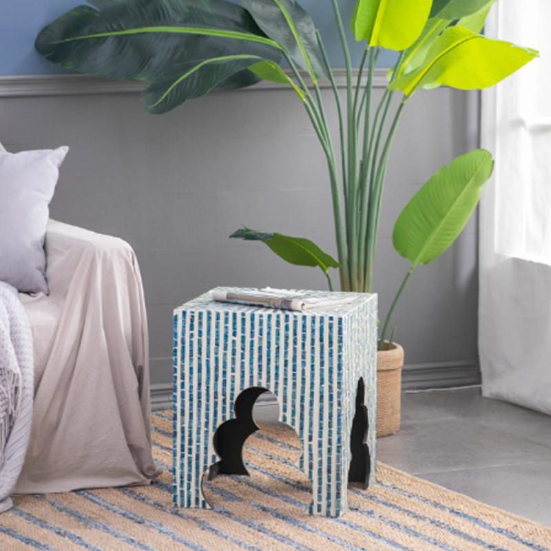 Artekko Artekko Ivory Βοηθητικά Τραπεζάκια Σκαμπό MDF Capiz Μπλε (45x45x50.5)cm Σετ/2 44826-BLUE