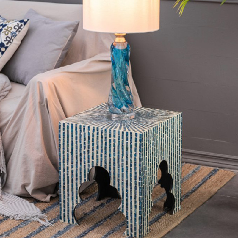 Artekko Artekko Ivory Βοηθητικά Τραπεζάκια Σκαμπό MDF Capiz Μπλε (45x45x50.5)cm Σετ/2 44826-BLUE