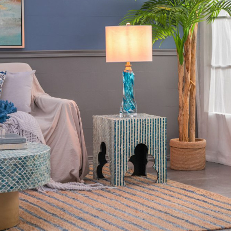 Artekko Artekko Ivory Βοηθητικά Τραπεζάκια Σκαμπό MDF Capiz Μπλε (45x45x50.5)cm Σετ/2 44826-BLUE