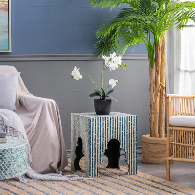 Artekko Artekko Ivory Βοηθητικά Τραπεζάκια Σκαμπό MDF Capiz Μπλε (45x45x50.5)cm Σετ/2 44826-BLUE