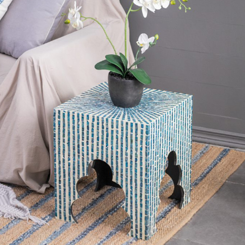 Artekko Artekko Ivory Βοηθητικά Τραπεζάκια Σκαμπό MDF Capiz Μπλε (45x45x50.5)cm Σετ/2 44826-BLUE