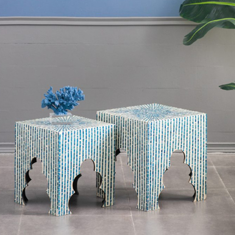 Artekko Artekko Ivory Βοηθητικά Τραπεζάκια Σκαμπό MDF Capiz Μπλε (45x45x50.5)cm Σετ/2 44826-BLUE