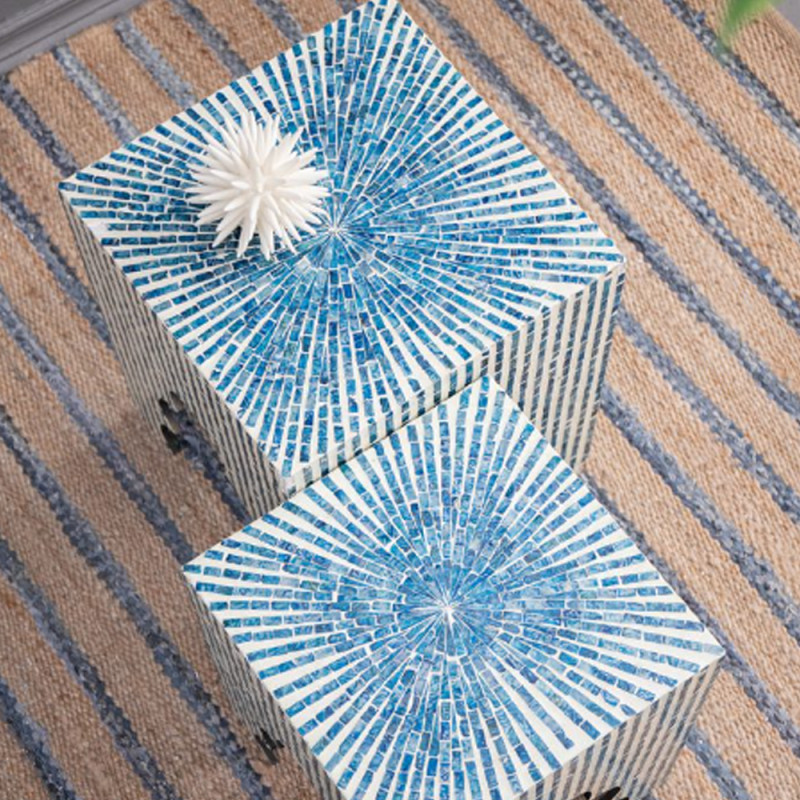 Artekko Artekko Ivory Βοηθητικά Τραπεζάκια Σκαμπό MDF Capiz Μπλε (45x45x50.5)cm Σετ/2 44826-BLUE