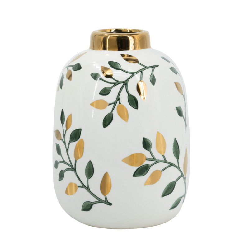 Artekko Artekko Anivia Λευκό Διακοσμητικό Κεραμικό Βάζο με Χρυσά και Πράσινα Φύλλα (17x18x23)cm 61171