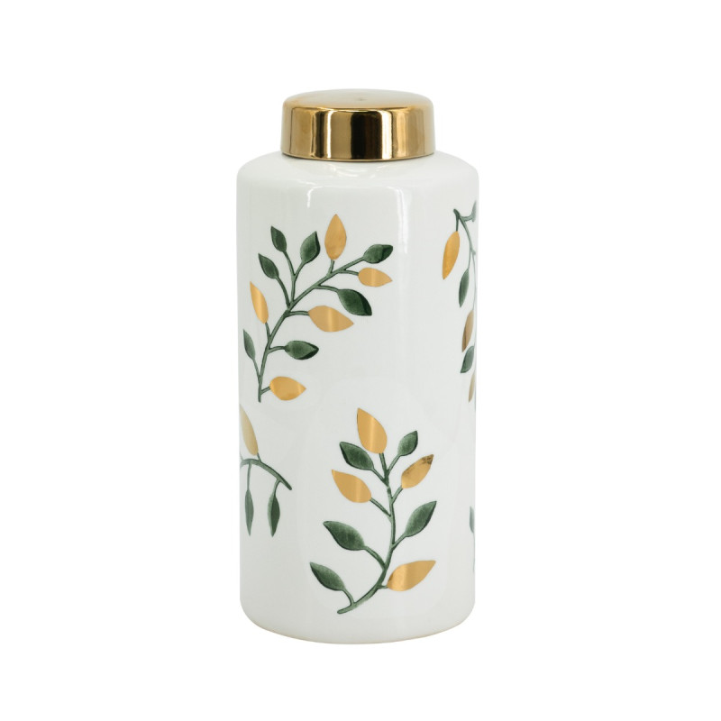Artekko Artekko Anivia Λευκό Διακοσμητικό Κεραμικό Βάζο Δοχείο με Καπάκι με Χρυσά και Πράσινα Φύλλα (14.5x14.5x31.5)cm 61173
