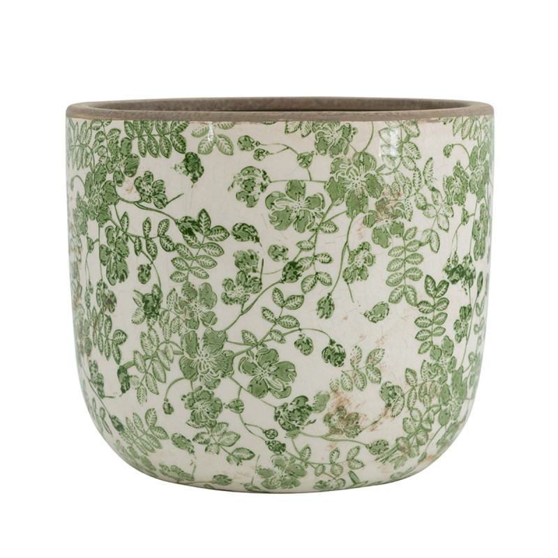 Artekko Artekko Aging Μπεζ Διακοσμητικό Κεραμικό Κασπώ με Πράσινα Λουλούδια (20x20x17.5)cm 61178