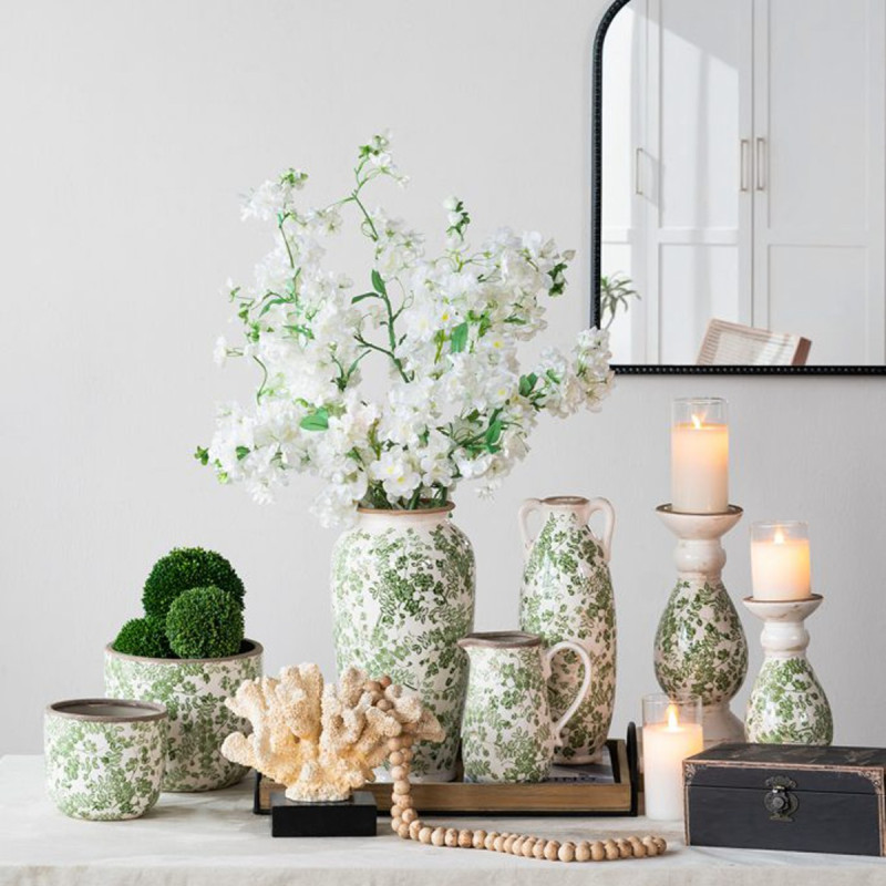 Artekko Artekko Aging Μπεζ Διακοσμητικό Κεραμικό Κασπώ με Πράσινα Λουλούδια (20x20x17.5)cm 61178