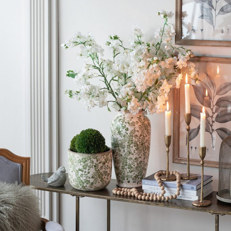 Artekko Artekko Aging Μπεζ Διακοσμητικό Κεραμικό Κασπώ με Πράσινα Λουλούδια (20x20x17.5)cm 61178