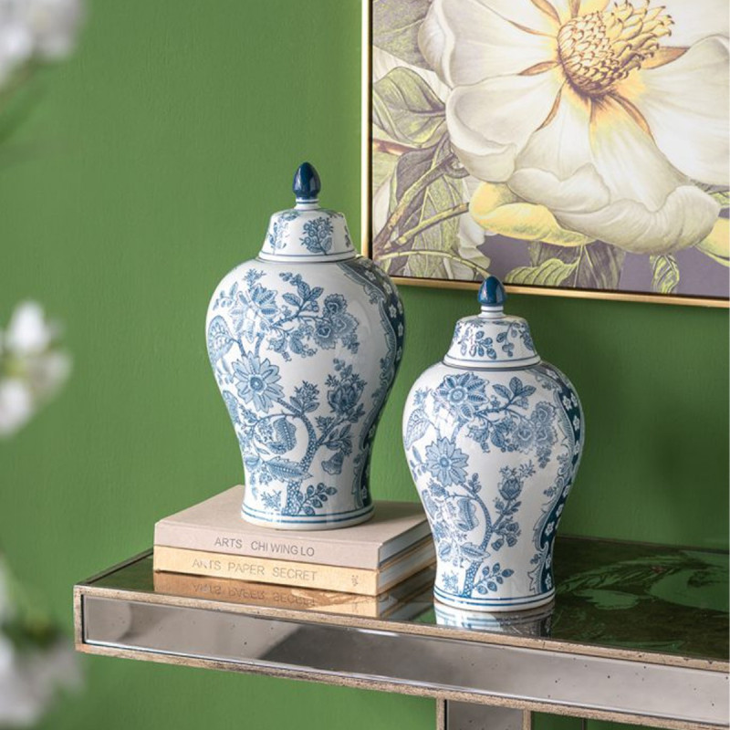 Artekko Artekko Melania Διακοσμητικό Βάζο Δοχείο με Καπάκι από Πορσελάνη σε Άσπρο με Μπλε (18x18x32)cm 61191