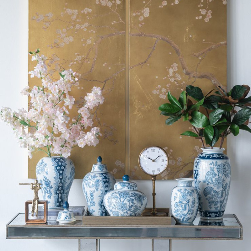 Artekko Artekko Melania Διακοσμητικό Βάζο Δοχείο με Καπάκι από Πορσελάνη σε Άσπρο με Μπλε (18x18x32)cm 61191