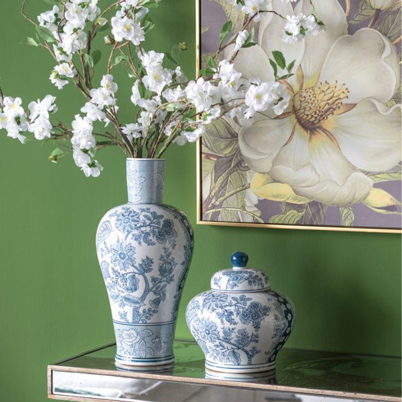 Artekko Artekko Melania Διακοσμητικό Βάζο Δοχείο με Καπάκι από Πορσελάνη σε Άσπρο με Μπλε (23x23x23)cm 61194