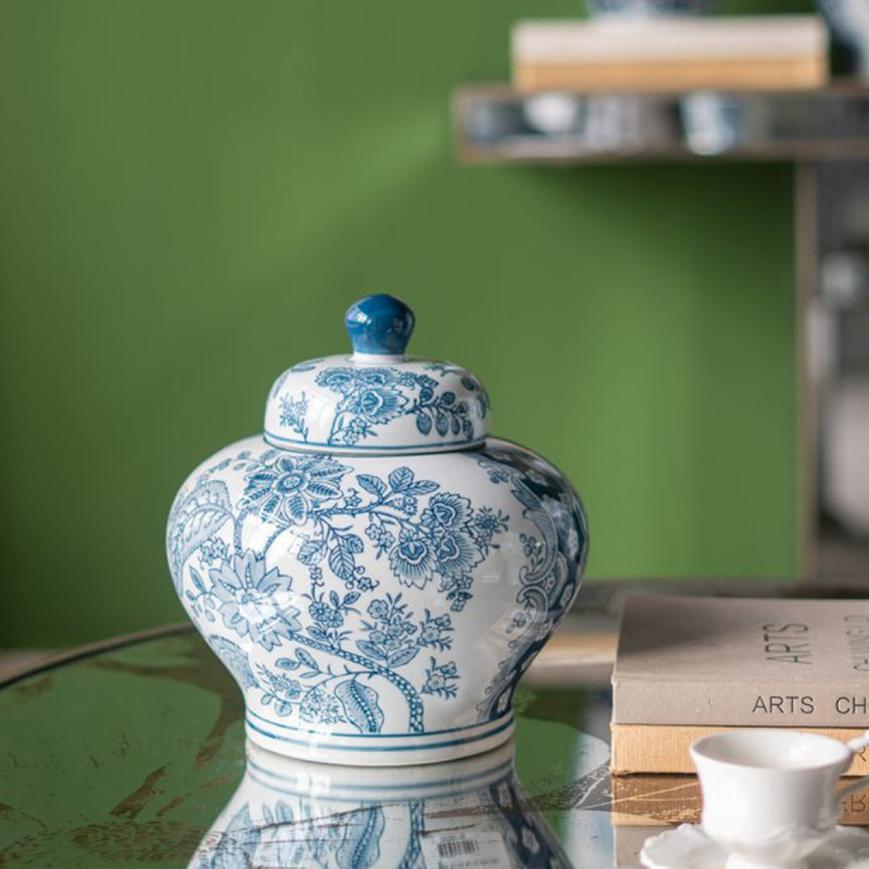 Artekko Artekko Melania Διακοσμητικό Βάζο Δοχείο με Καπάκι από Πορσελάνη σε Άσπρο με Μπλε (23x23x23)cm 61194