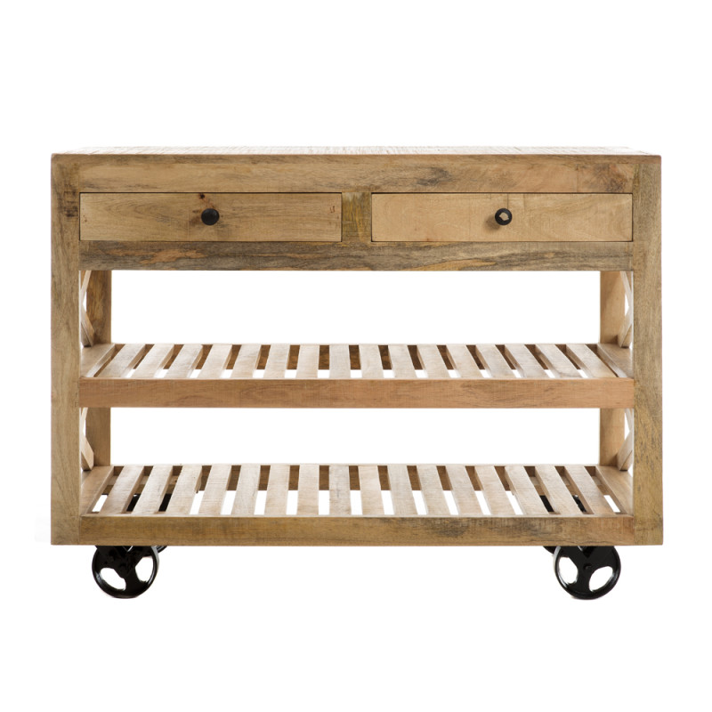 Artekko Artekko Κονσόλα με δύο συρτάρια και δύο ράφια σε ρόδες φυσικό ξύλο (110x40x83)cm 720-1205