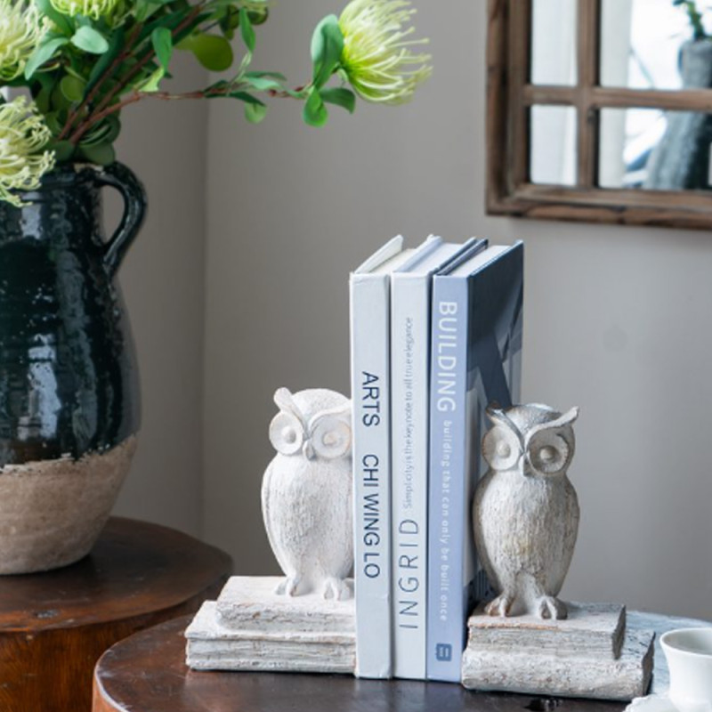Artekko Artekko Owl Bookends Βιβλιοστάτες Ρητίνης με Κουκουβάγιες σε Λευκή Πατίνα (12x10x18)cm 2pcs 72424