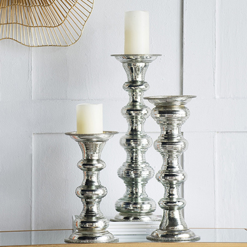 Artekko Artekko Pillar Ασημί Αντικέ Γυάλινο Κηροπήγιο (15.6x15.6x37.5)cm 77255