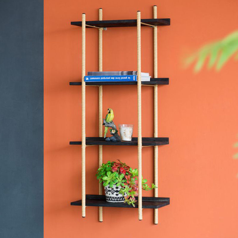 Artekko Artekko Shelf Ραφιέρα Επιτοίχια με 4 Ράφια Μέταλλο Ξύλο Ρατάν Μαύρο (46x25x112)cm 78036-DS