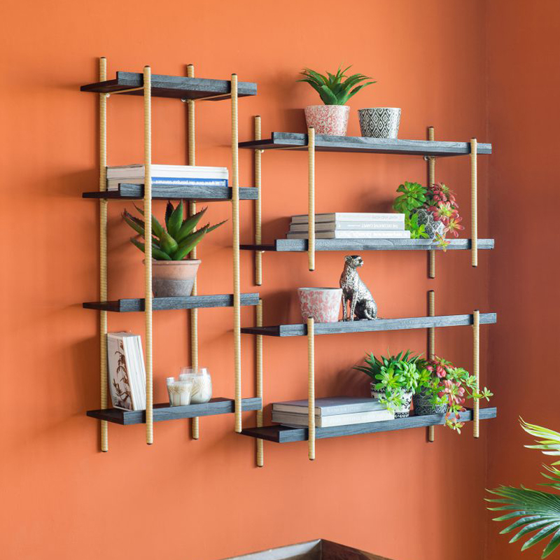 Artekko Artekko Shelf Ραφιέρα Επιτοίχια με 4 Ράφια Μέταλλο Ξύλο Ρατάν Μαύρο (46x25x112)cm 78036-DS