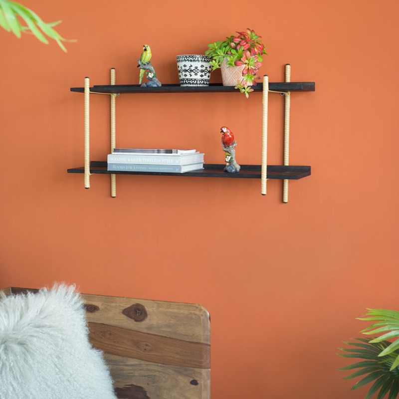 Artekko Artekko Shelf Ραφιέρα Επιτοίχια με 2 Ράφια Μέταλλο Ξύλο Ρατάν Μαύρο (92x25x52)cm 78038-DS