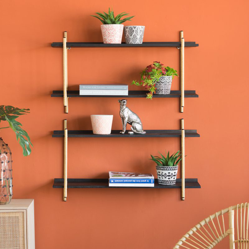 Artekko Artekko Shelf Ραφιέρα Επιτοίχια με 2 Ράφια Μέταλλο Ξύλο Ρατάν Μαύρο (92x25x52)cm 78038-DS