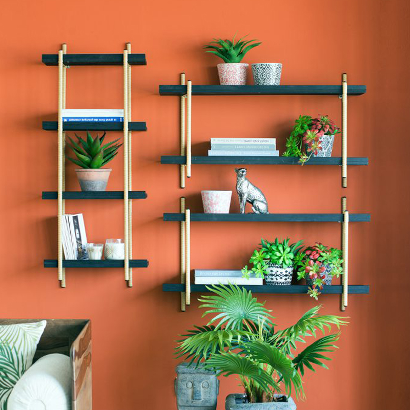 Artekko Artekko Shelf Ραφιέρα Επιτοίχια με 2 Ράφια Μέταλλο Ξύλο Ρατάν Μαύρο (92x25x52)cm 78038-DS