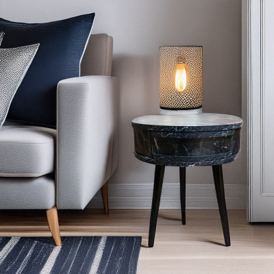 Artekko Artekko Strons Στρογγυλό Βοηθητικό Τραπέζι MDF με Εφέ Μαύρου Μαρμάρου (51x51x58)cm 783-0034