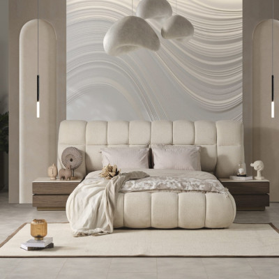 Artekko Artekko Midnight Εκρού Υφασμάτινο Διπλό Κρεβάτι (260x230x125)cm για Στρώμα(180x200) MDF 2pcs Κομοδίνα (65x48x40)cm Ντουλάπα με Καθρέπτη και Φωτισμό (270x63x230)cm Συρταριέρα (160x48x78)cm και Καθρέπτη (90x90x5)cm 783-6408