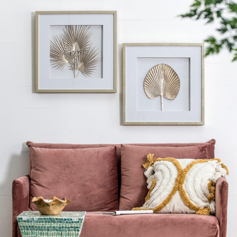 Artekko Artekko Botanicial Πίνακας με Φύλλα Ξύλο Γυαλί Χρυσό (56x3x56)cm Σετ/2 83433-SA