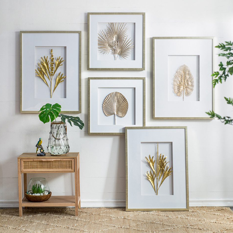 Artekko Artekko Botanicial Πίνακας με Φύλλα Ξύλο Γυαλί Χρυσό (56x3x56)cm Σετ/2 83433-SA