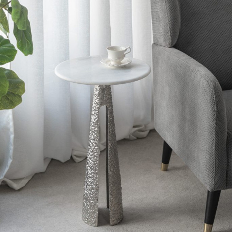 Artekko Artekko Zyla Λευκό Μαρμάριο Βοηθητικό Τραπέζι με Ασημί Μεταλλική Βάση (35x35x60)cm 86866