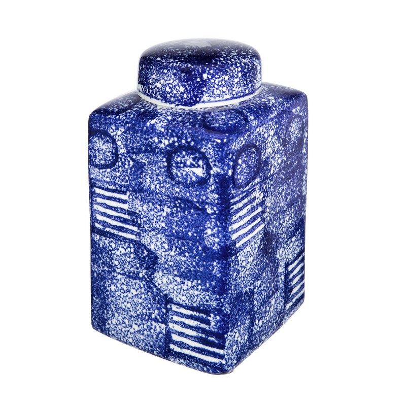 Artekko Artekko Melania Διακοσμητικό Δοχείο Βάζο με Καπάκι Πορσελάνης σε Λευκό με Μπλε (13.5x13.5x26)cm 9007