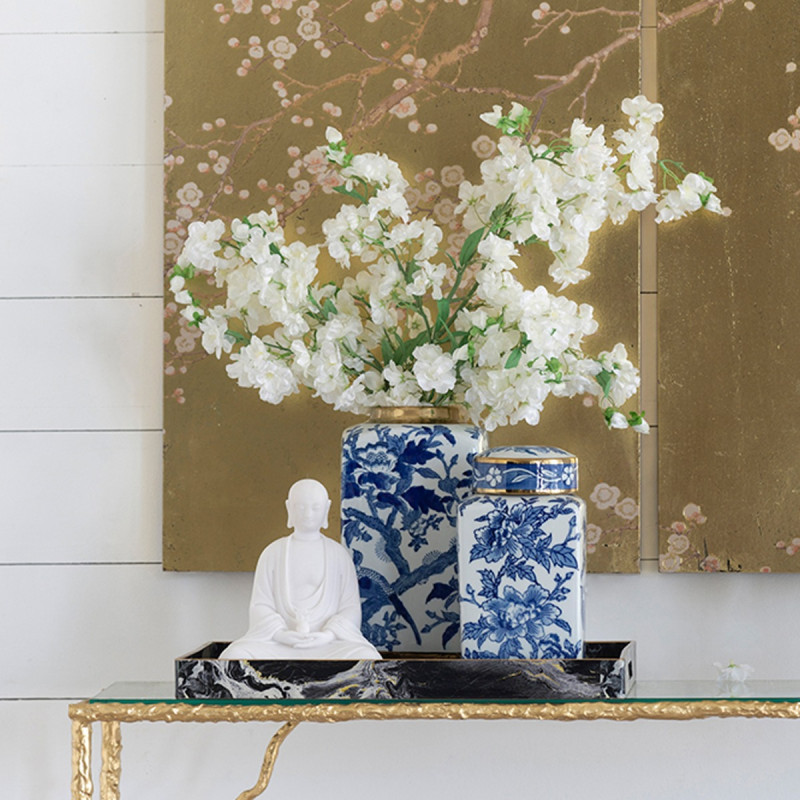 Artekko Artekko Melania Διακοσμητικό Δοχείο Βάζο με Καπάκι Πορσελάνης σε Λευκό με Μπλε (13.5x13.5x27)cm 9008