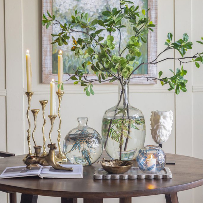 Artekko Artekko Aphelios Διάφανο Γυάλινο Βάζο Διακοσμημένο με Πράσινα Λουλούδια (23x23x42)cm B8564-DS