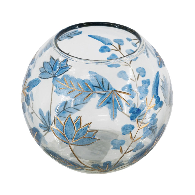 Artekko Artekko Aphelios Διάφανο Γυάλινο Βάζο Διακοσμημένο με Μπλε Λουλούδια (14x14x12.5)cm B8568-DS