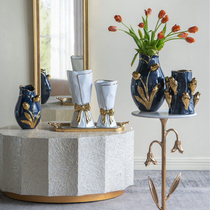 Artekko Artekko Glazed Λευκό Κεραμικό Βάζο με Χρυσές Λεπτομέρειες (15.5x15.5x30.7)cm C8876