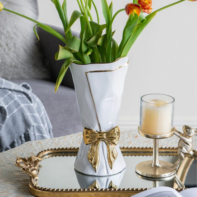 Artekko Artekko Glazed Λευκό Κεραμικό Βάζο με Χρυσές Λεπτομέρειες (15.5x15.5x30.7)cm C8876