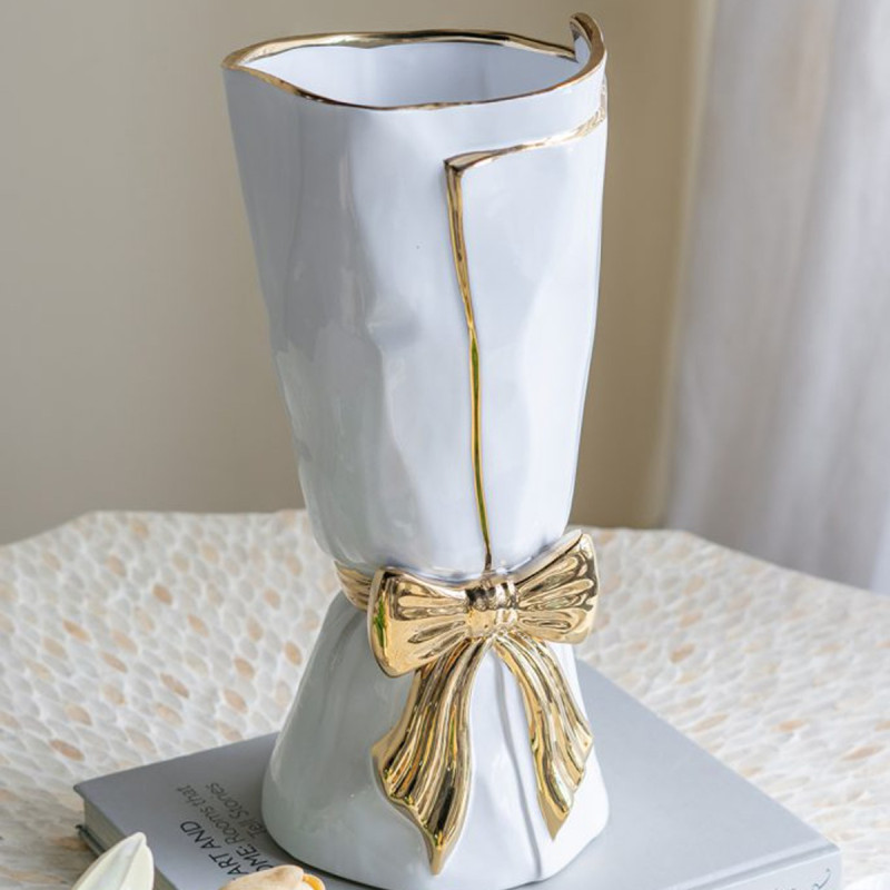 Artekko Artekko Glazed Λευκό Κεραμικό Βάζο με Χρυσές Λεπτομέρειες (15.5x15.5x30.7)cm C8876