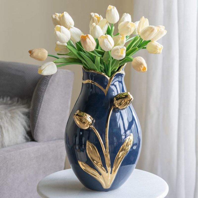 Artekko Artekko Glazed Μπλε Κεραμικό Βάζο με Χρυσές Λεπτομέρειες (20x20x34.5)cm C8879