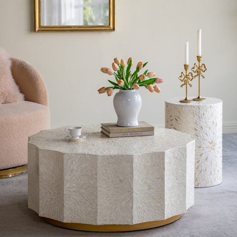 Artekko Artekko Ivory Εκρού Τραπέζι Σαλονιού από MDF και Capiz (90x90x40)cm D5589