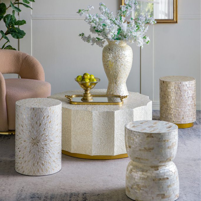 Artekko Artekko Ivory Εκρού Τραπέζι Σαλονιού από MDF και Capiz (90x90x40)cm D5589