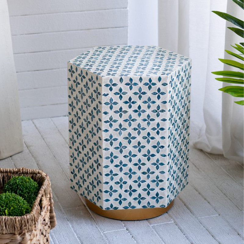 Artekko Artekko Ivory Βοηθητικό Τραπέζι Σκαμπό από MDF και Capiz σε Λευκό με Μπλε (38x33x47)cm D5599