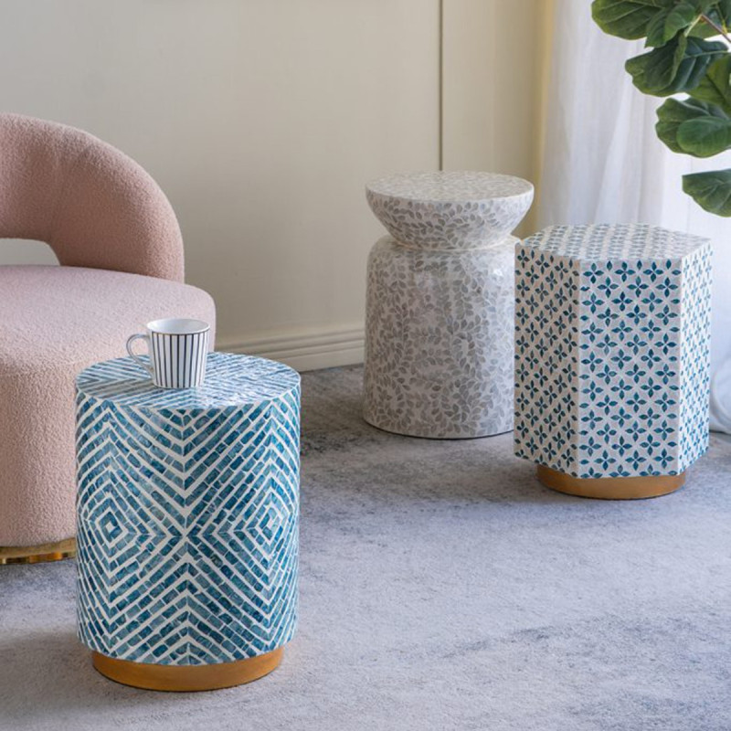 Artekko Artekko Ivory Βοηθητικό Τραπέζι Σκαμπό από MDF και Capiz σε Λευκό με Μπλε (38x33x47)cm D5599