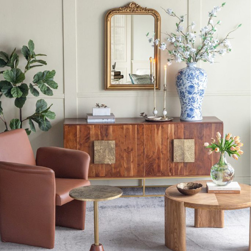 Artekko Artekko Orion Καφέ Ξύλινο Βοηθητικό Τραπέζι με Ανάγλυφα Χρυσά Σχέδια (38.1x38.1x56)cm D8237