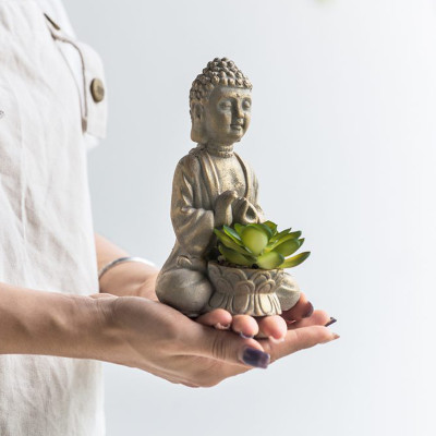 Artekko Artekko Buddha Διακοσμητικός Βούδας με Φυτό Τσιμεντένιο Χρυσό Μπεζ (10x10x16) Σετ/2 D9396